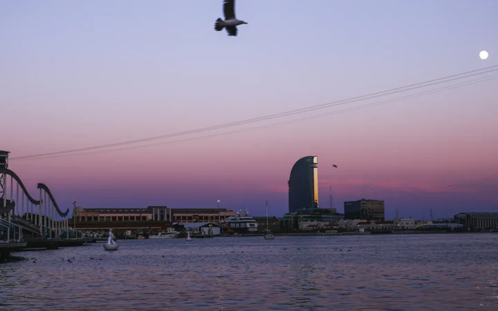 Barcelona waterfront and harbor beneath a pink twilight sky