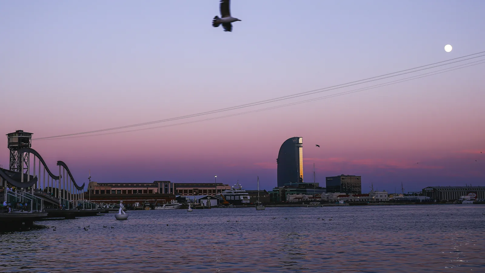 Barcelona waterfront and harbor beneath a pink twilight sky