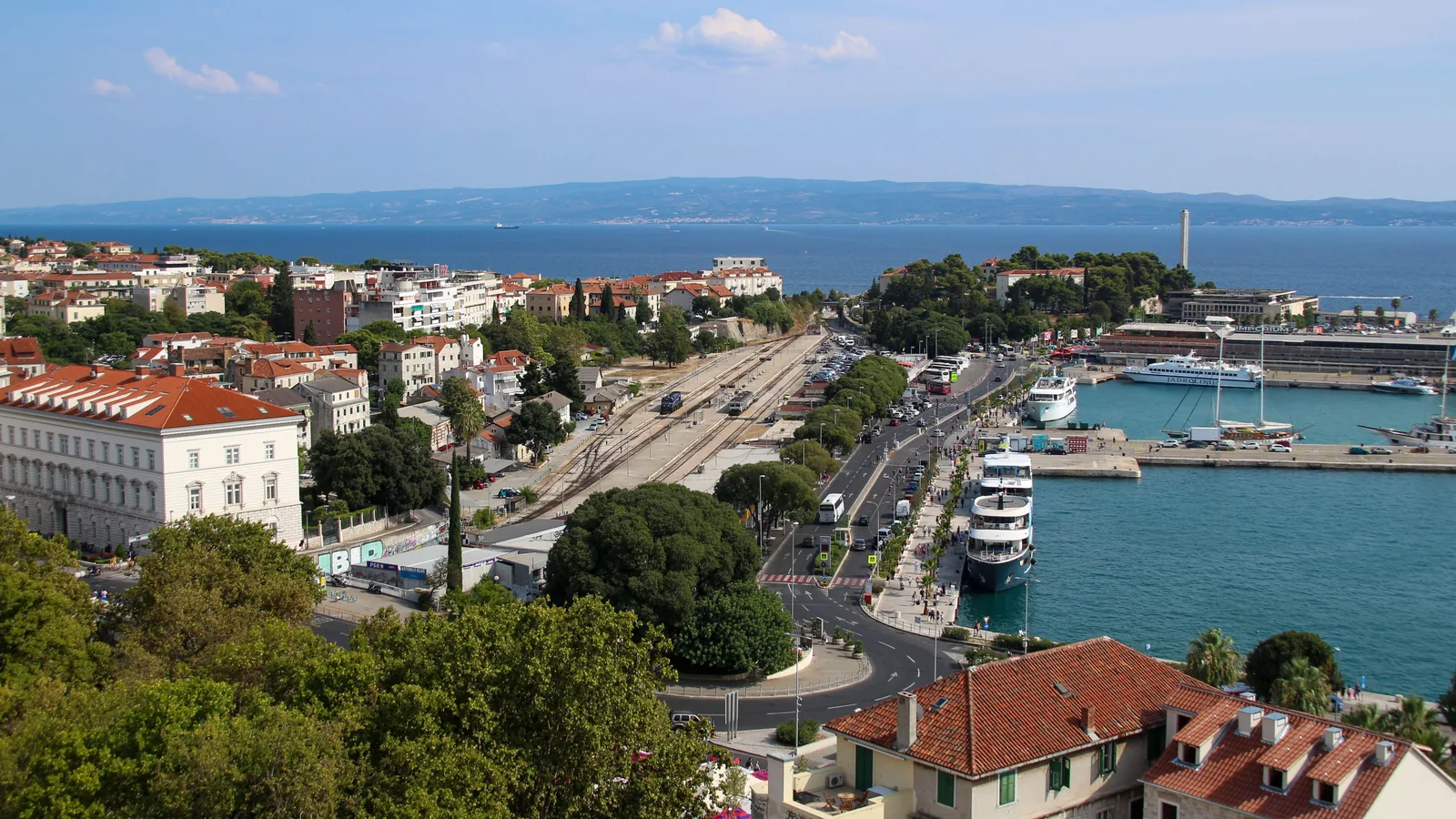 Split waterfront, harbor and city buildings beside the Adriatic Sea